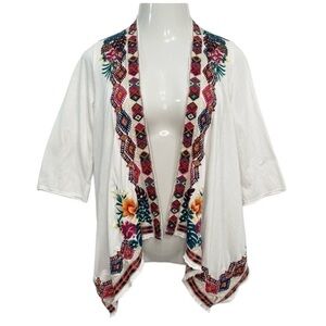 Johnny Was Quinn Embroidered White Cotton Draped Kimono Cardigan Women’s XS